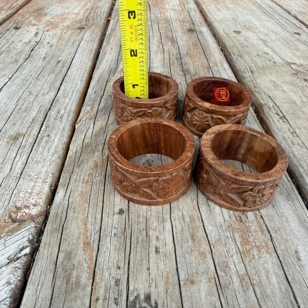 Vtg IEH Hand Carved Wood Napkin Rings Set of 4 Brown Floral Boho Dining‎